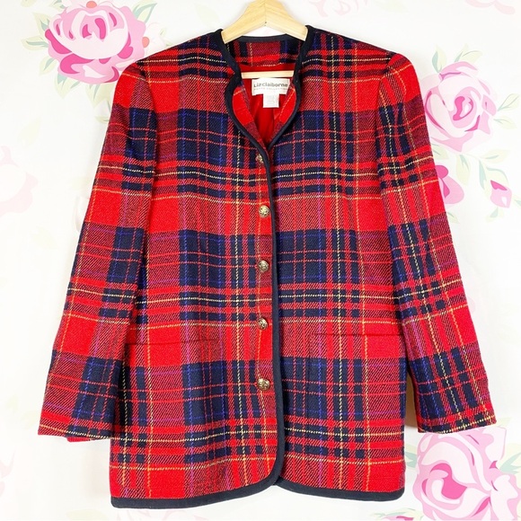 Vintage Jackets & Blazers - Vintage Style Liz Claiborne Red Checkered Plaid Wool Blend Blazer Jacket 10P